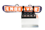 snowmobile rack with snowboard carry showing the rack from the inside